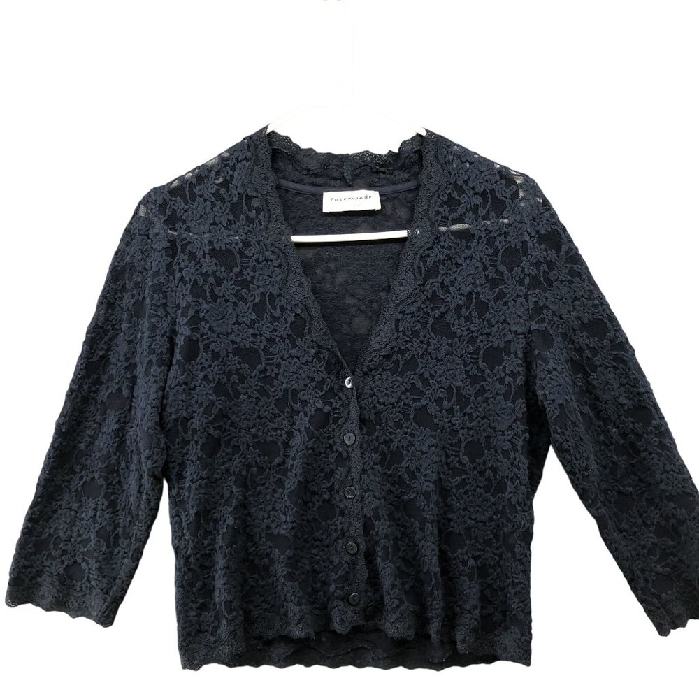 Rosemunde‎ Copenhagen Lace Cardigan Womens L Navy Blue V-neck 3/4 Sleeve